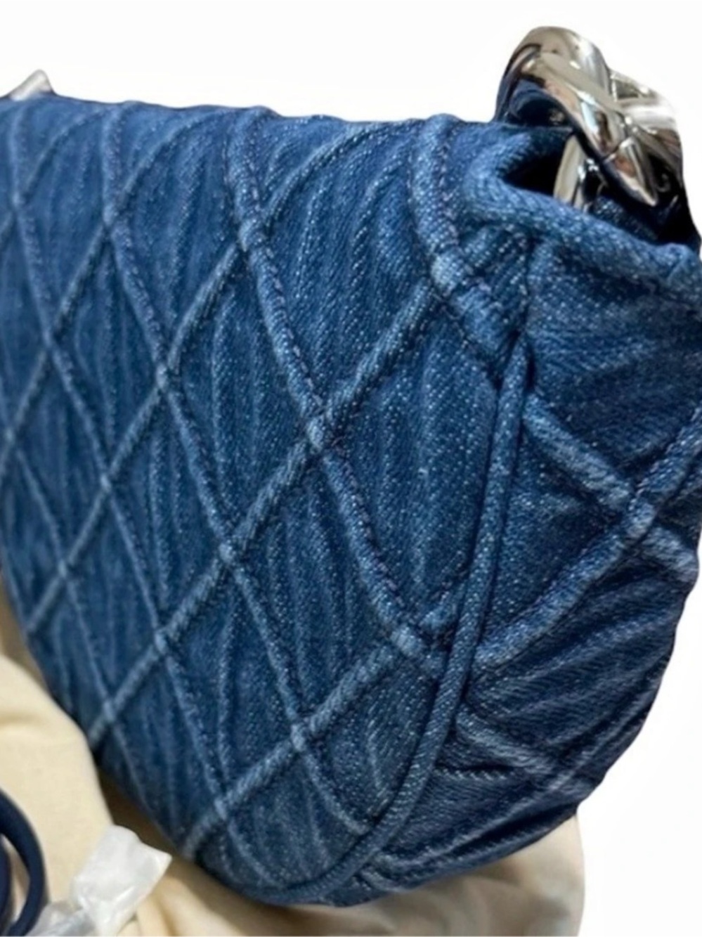 Tory Burch Fleming Soft Denim Mini Crescent Bag Blue Silver Chain Strap - Picture 5 of 6